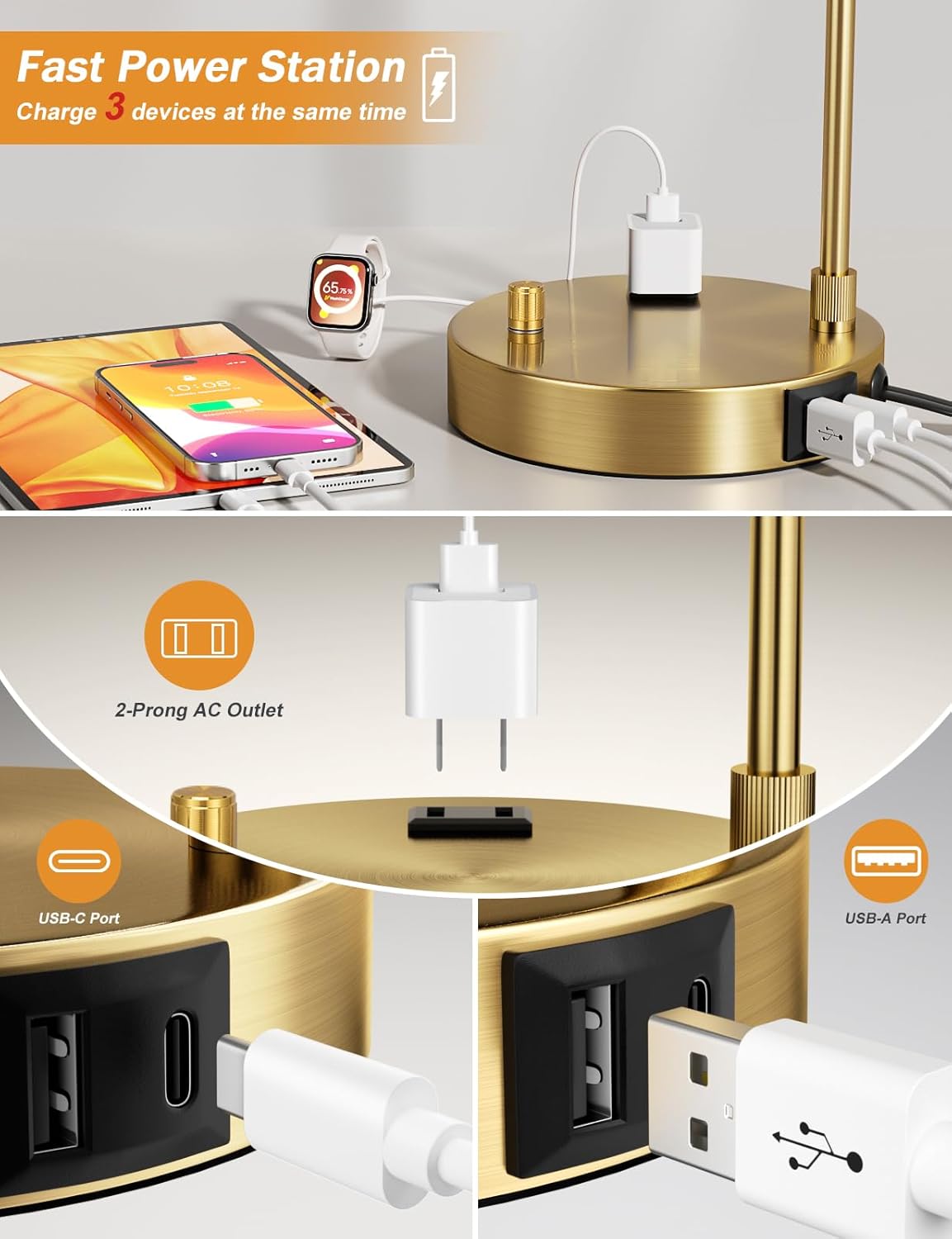 Gold Table Lamp With USB Port  - Home Office Guest Room 评论和价格